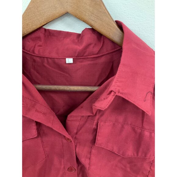Womens Red Short-Sleeve Button-Up Shirt W/ Front Pockets  Large  100% Polyester - Picture 2 of 4